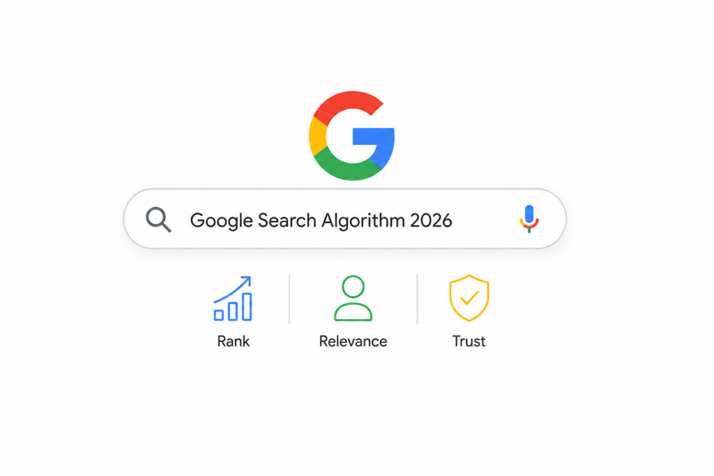 Google Search Algorithm 2026 illustration showing how relevance, trust, and rankings influence search results.