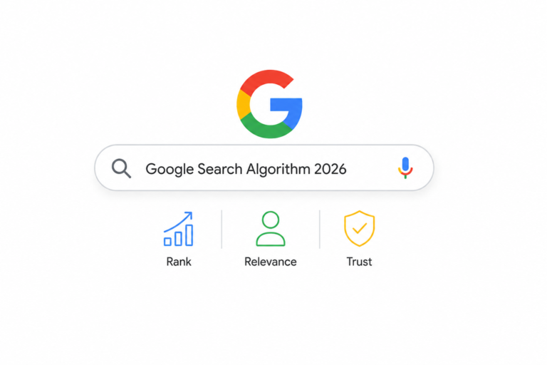 Google Search Algorithm 2026 illustration showing how relevance, trust, and rankings influence search results.
