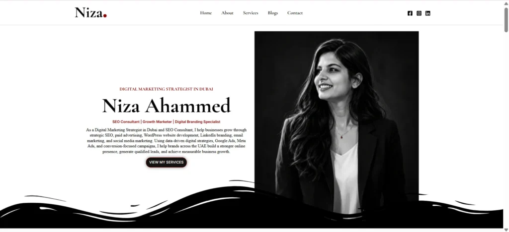 Screenshot of my hero section of my website, Niza Ahammed